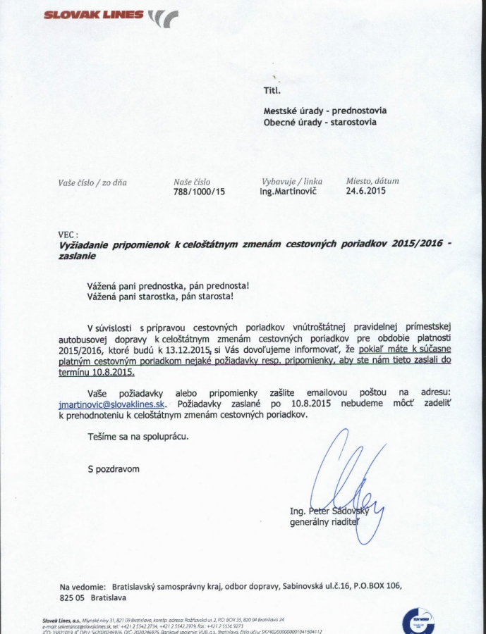 Možnosť zaslať požiadavky resp. pripomienky k cestovným poriadkom pre obdobie 2015/2016