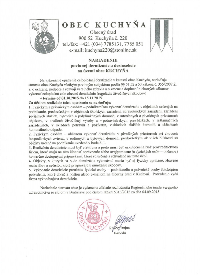 Nariadenie povinnej deratizácie a dezinsekcie na území obce Kuchyňa